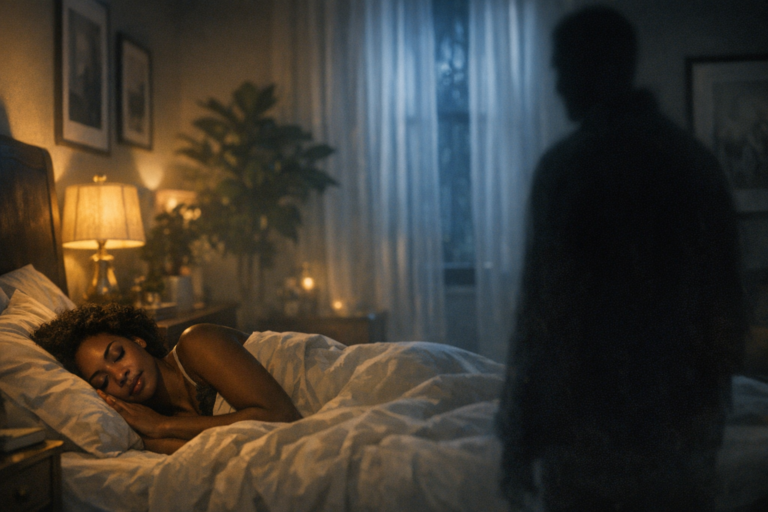 Woman sleeping while incubus spirit stands by her bedside looking at her