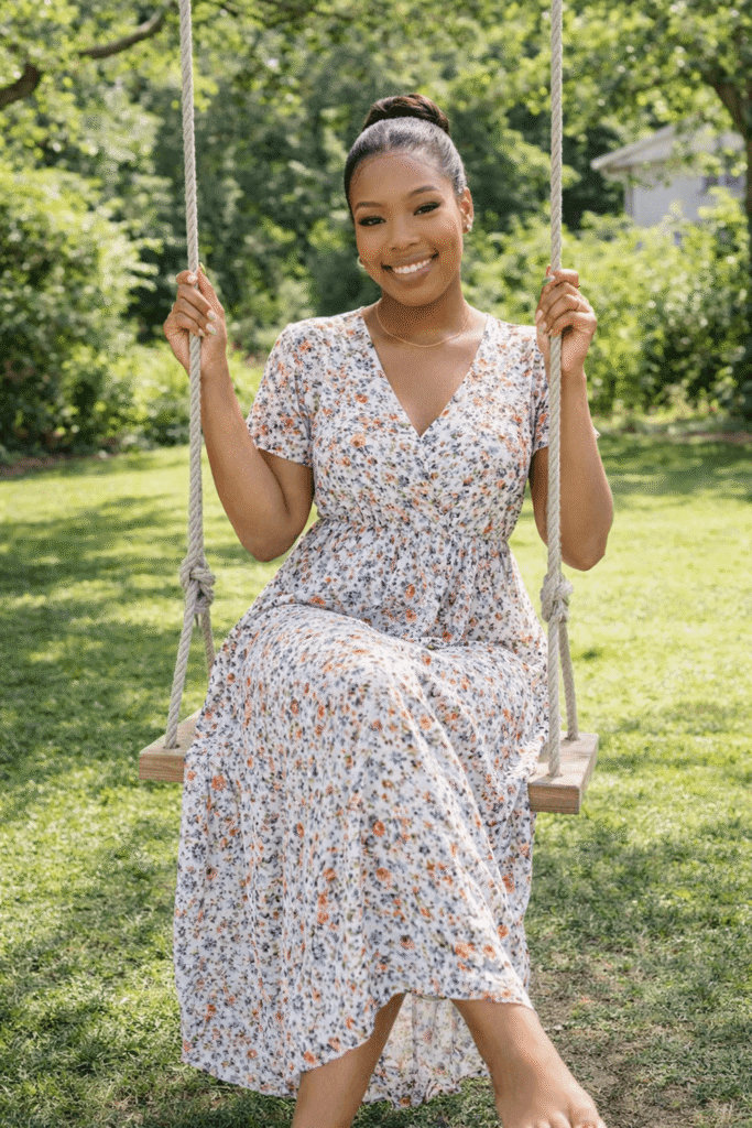 Rocquel swinging on a swing in a small backyard